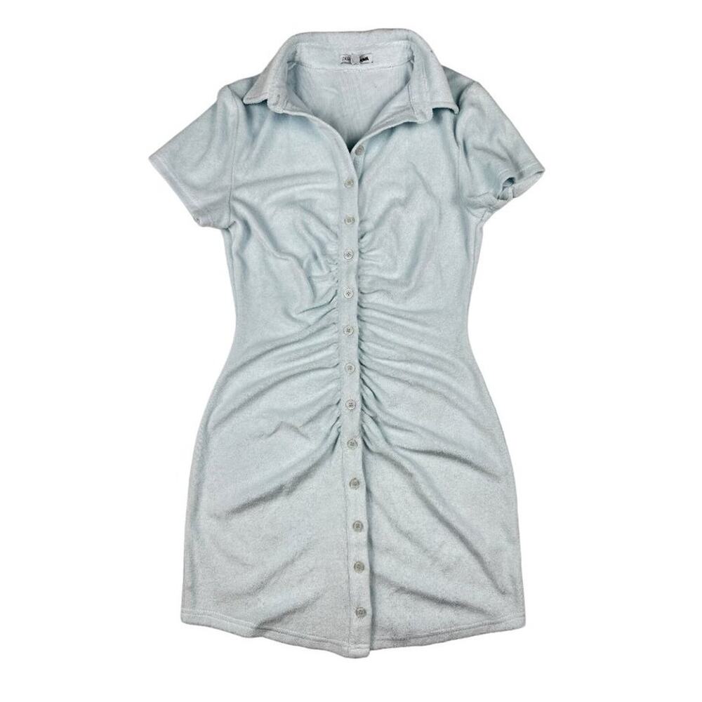Fashion Nova Ruched Terry Cotton Mini Dress in Light Blue